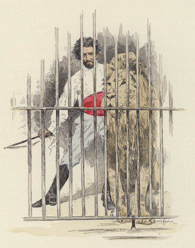Løve og løvetæmmer i et bur (farve litho) af Jules Arsene (after) Garnier