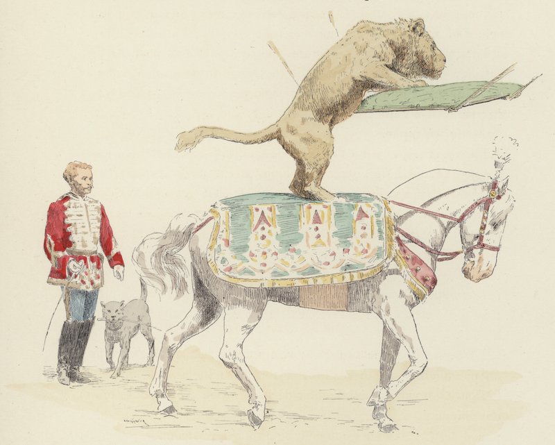 Løve balancerer på hest (farve litho) af Jules Arsene (after) Garnier