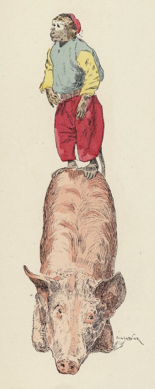 Abe rider på en gris (farve litho) af Jules Arsene (after) Garnier