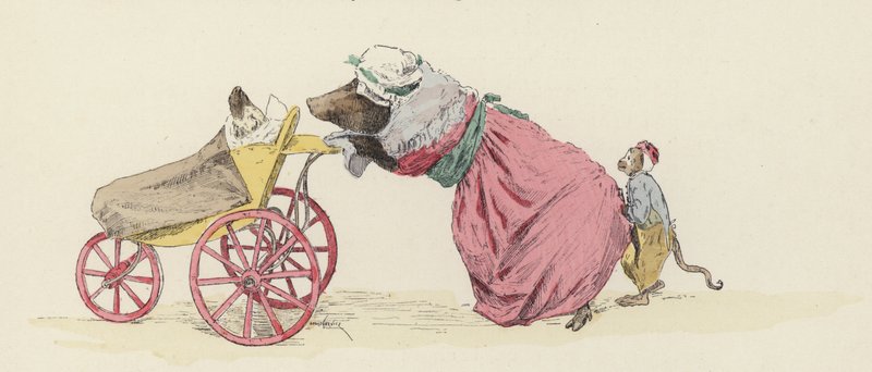 Gris, der skubber en hund i en barnevogn, med en abe bagved (farve litho) af Jules Arsene (after) Garnier
