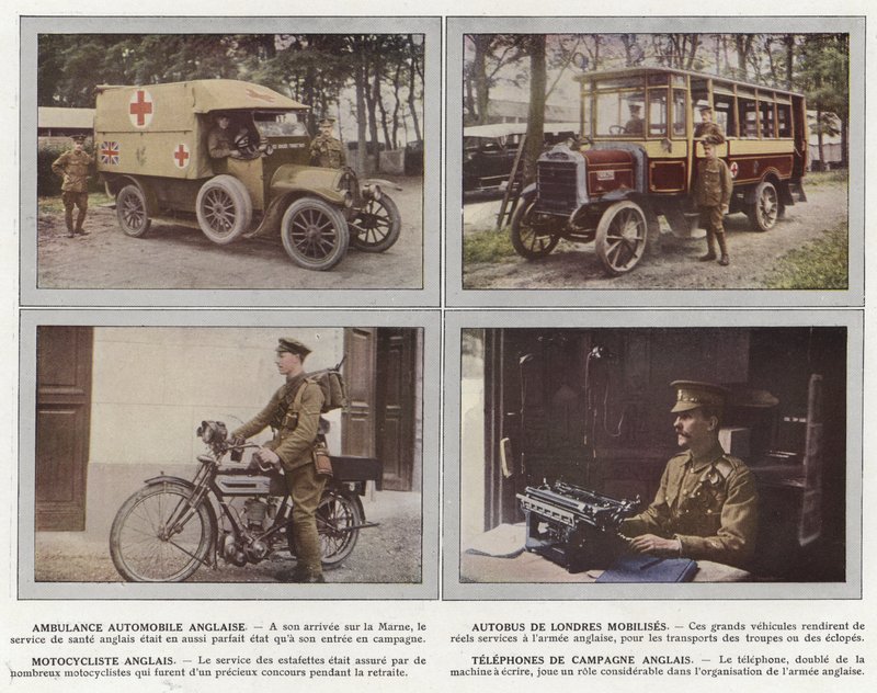 Engelsk motorambulance, London Bus mobiliserer, engelsk motorcyklist, engelske landetelefoner af Jules Gervais Courtellemont