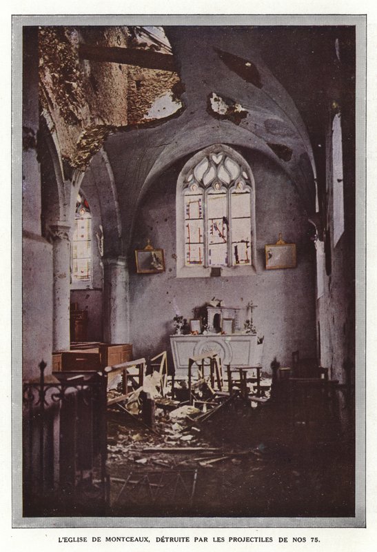 Montceaux-kirken, ødelagt af projektiler fra nr. 75 af Jules Gervais Courtellemont