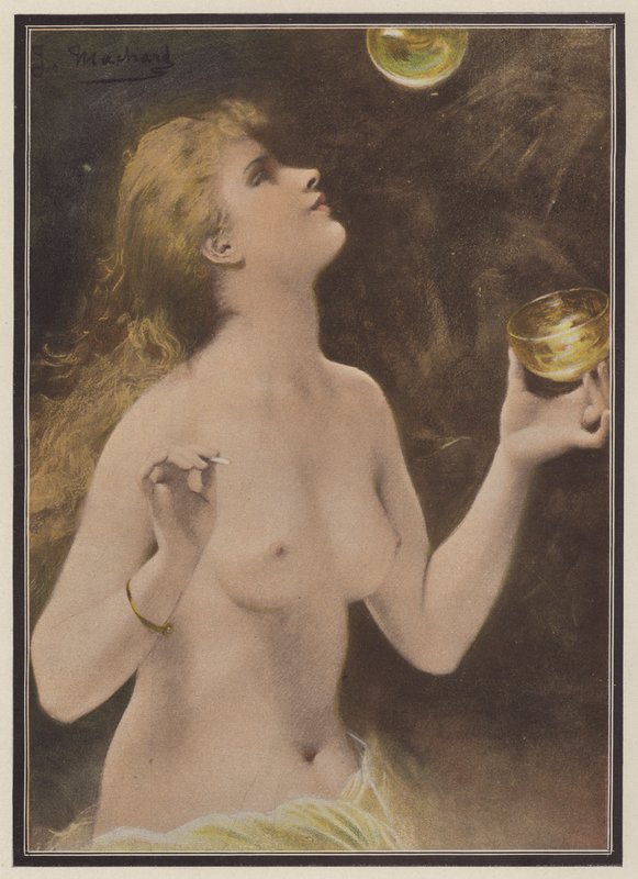 Kvinde blæser sæbebobler (farve litho) af Jules Louis Machard