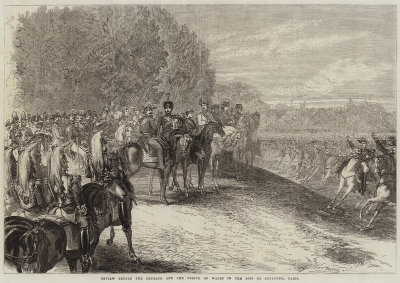 Gennemgang før kejseren og prinsen af Wales i Bois de Boulogne, Paris af Jules Pelcoq