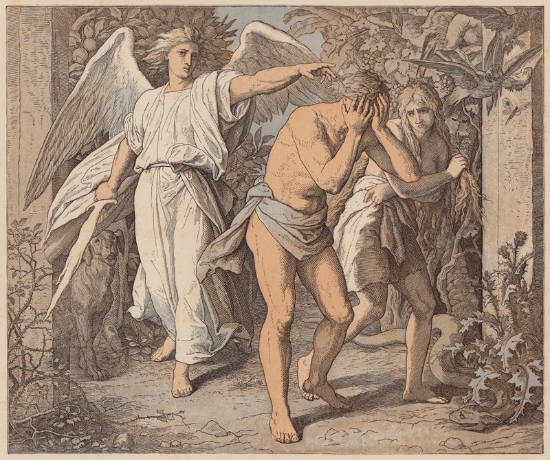 Adam og Eva drevet ud af Paradiset, Første Mosebog, III, 23, 24 (koloreret stik) af Julius (after) Schnorr von Carolsfeld