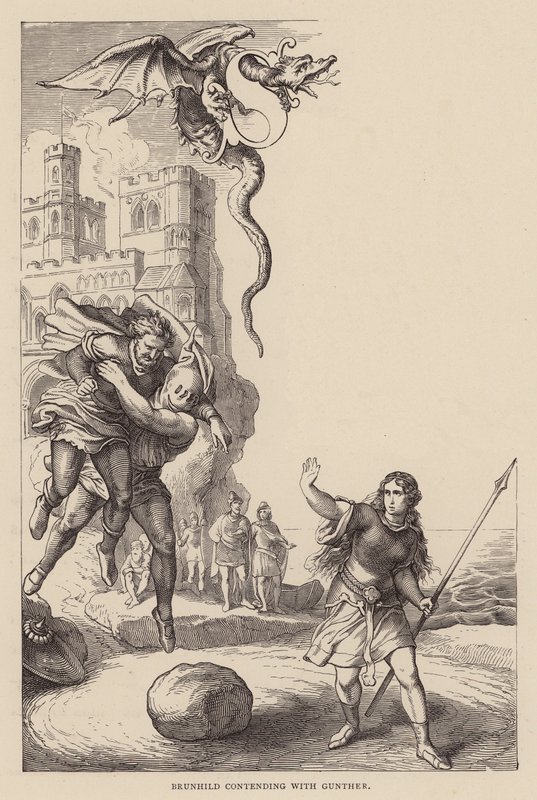 Brunhild kæmper med Gunther (kobberstik) af Julius (after) Schnorr von Carolsfeld