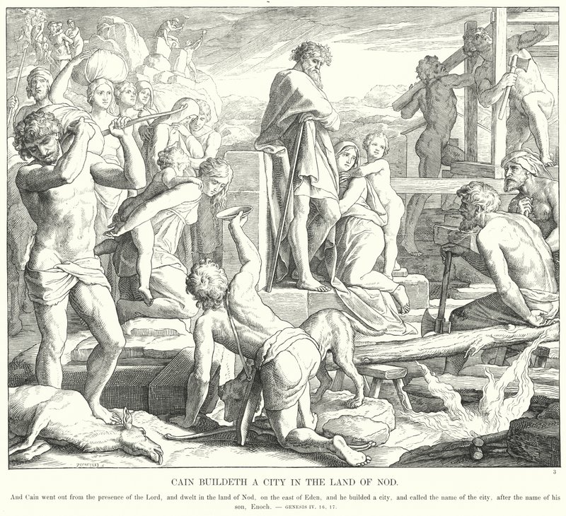 Kain bygger en by i landet Nod (gravering) af Julius (after) Schnorr von Carolsfeld