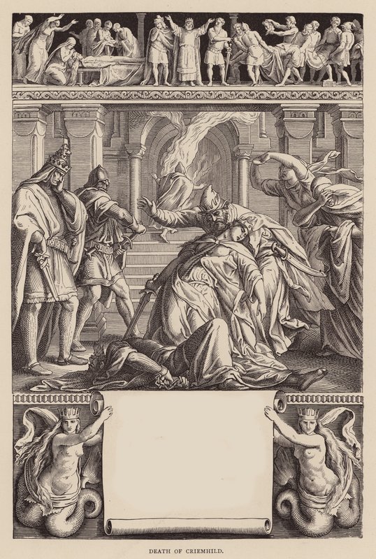 Nibelungesangen: Criemhilds død (kobberstik) af Julius (after) Schnorr von Carolsfeld