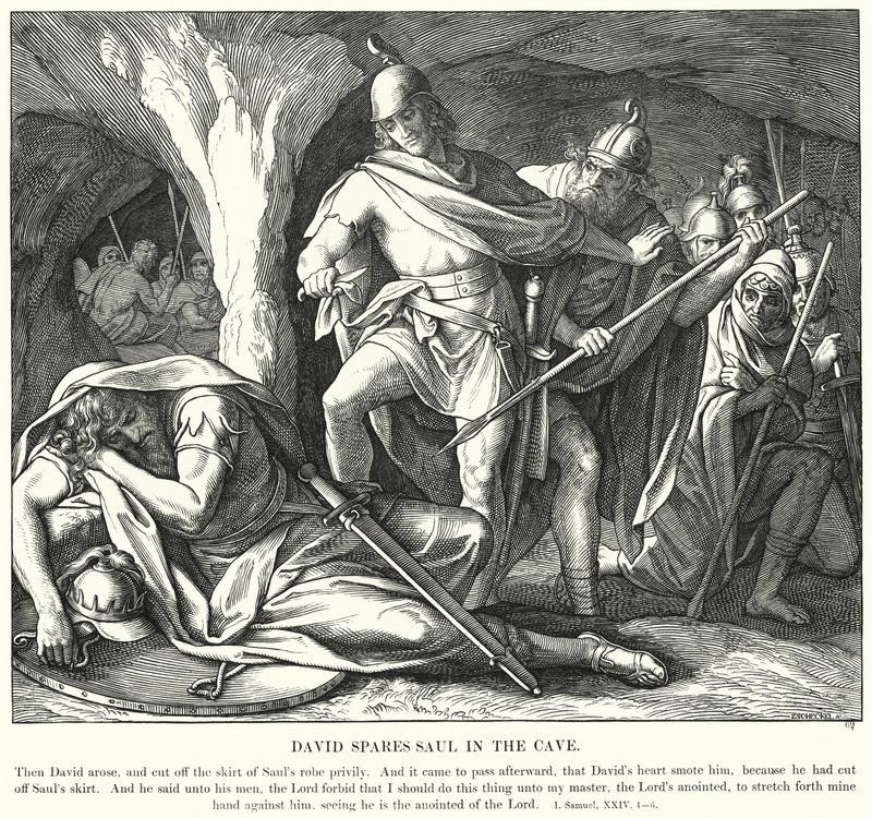 David sparer Saul i hulen (gravering) af Julius (after) Schnorr von Carolsfeld