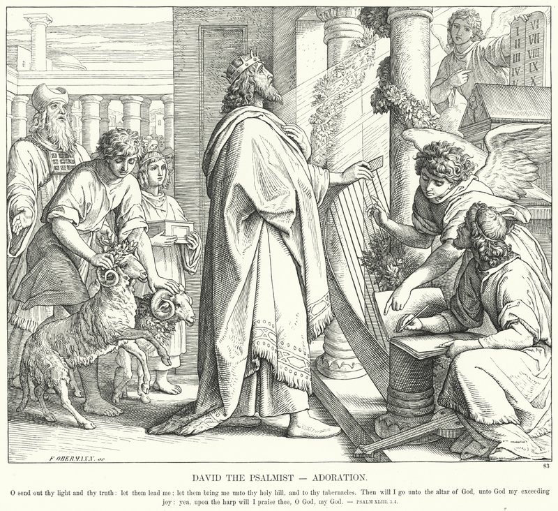 Salmisten David, tilbedelse (gravering) af Julius (after) Schnorr von Carolsfeld