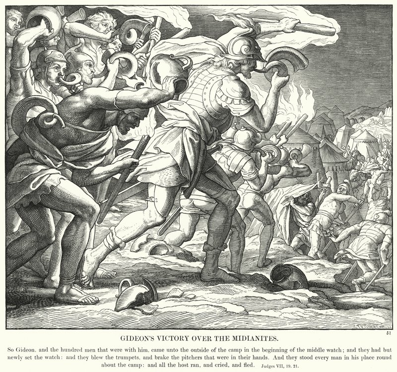 Gideons sejr over midjanitterne (gravering) af Julius (after) Schnorr von Carolsfeld