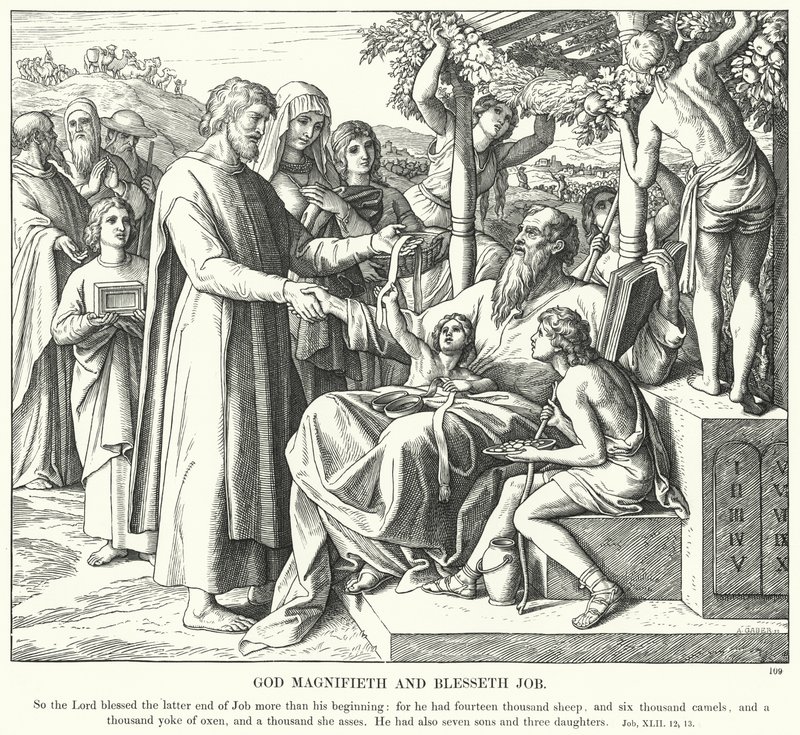 Gud ophøjer og velsigner Job (gravering) af Julius (after) Schnorr von Carolsfeld