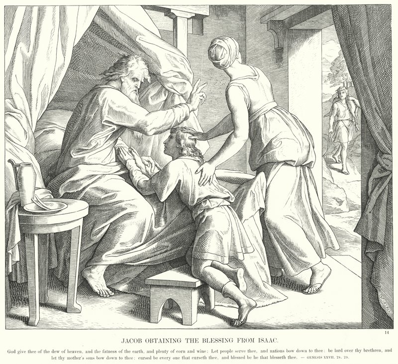 Jakob får velsignelsen fra Isak (gravering) af Julius (after) Schnorr von Carolsfeld