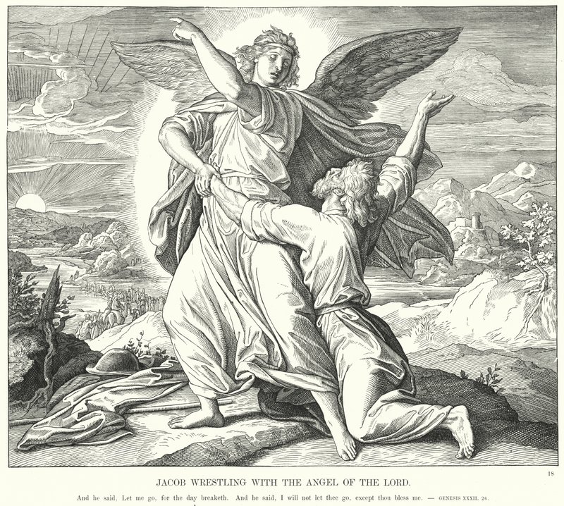 Jakob kæmper med Herrens engel (gravering) af Julius (after) Schnorr von Carolsfeld