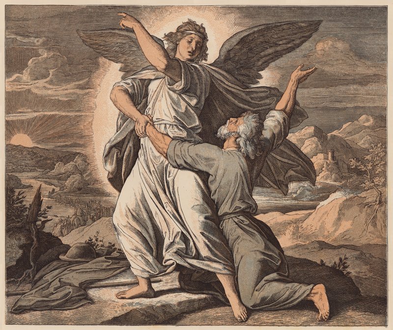 Jakob bryder med englen, 1. Mosebog, XXXII, 26 (koloreret kobberstik) af Julius (after) Schnorr von Carolsfeld