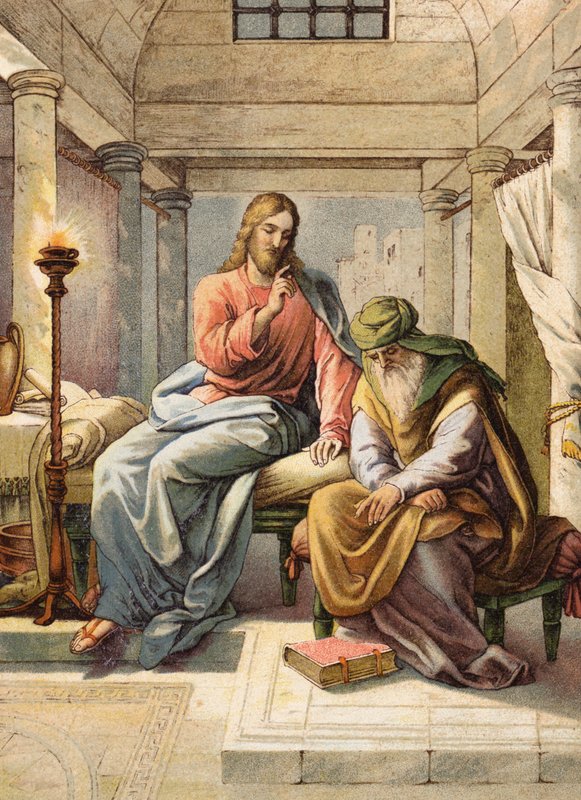 Jesus og Nikodemus (farvelitografi) af Julius (after) Schnorr von Carolsfeld
