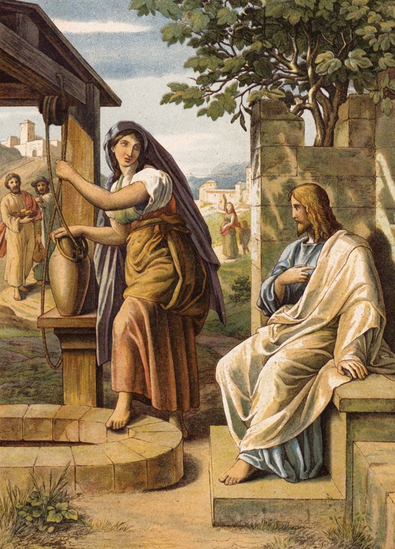 Jesus og kvinden fra Samaria (farvelitografi) af Julius (after) Schnorr von Carolsfeld