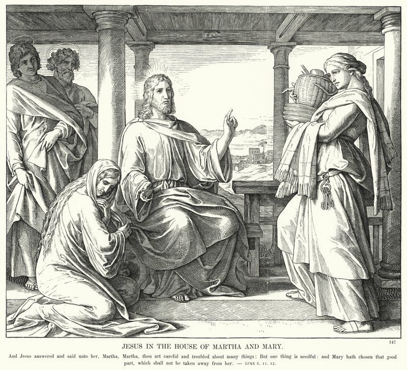 Jesus i huset til Martha og Mary (gravering) af Julius (after) Schnorr von Carolsfeld