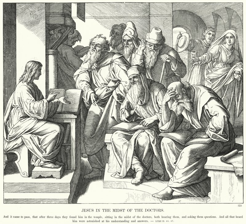 Jesus midt blandt lægerne (gravering) af Julius (after) Schnorr von Carolsfeld