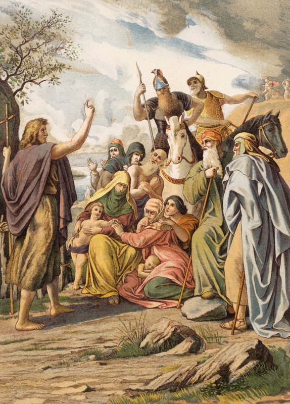Johannes Døberen prædiker i ørkenen (farvelitografi) af Julius (after) Schnorr von Carolsfeld