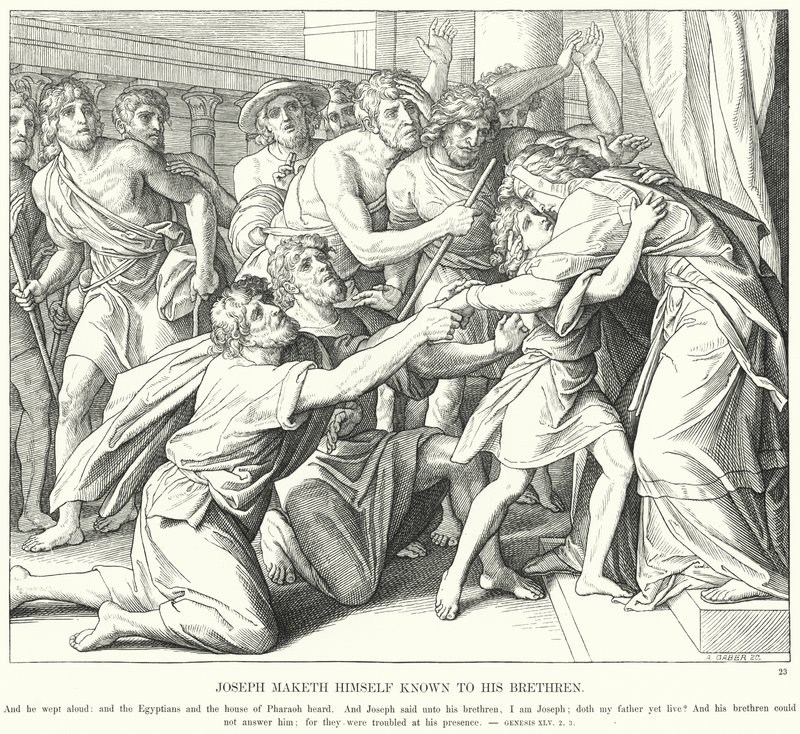 Joseph gør sig selv kendt for sine brødre (gravering) af Julius (after) Schnorr von Carolsfeld