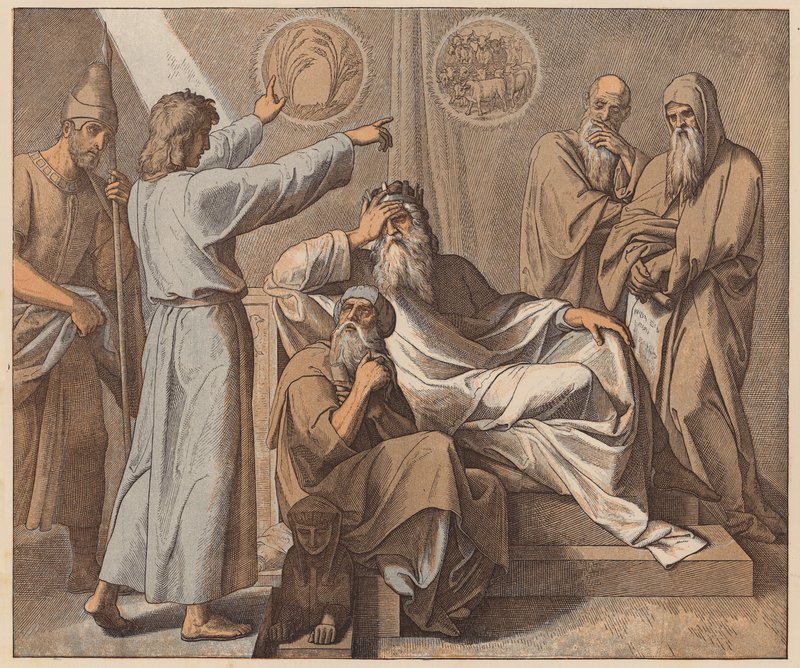 Josef fortolker Faraos drømme, 1. Mosebog, XLI, 25 (koloreret stik) af Julius (after) Schnorr von Carolsfeld
