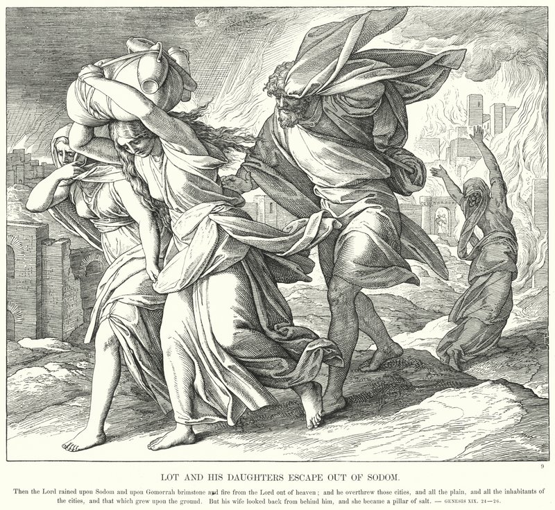Lot og hans døtre flygter ud af Sodoma (gravering) af Julius (after) Schnorr von Carolsfeld