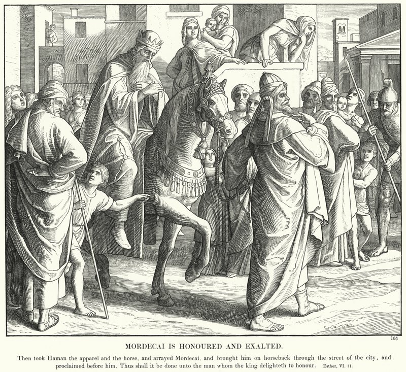 Mordokai er æret og ophøjet (gravering) af Julius (after) Schnorr von Carolsfeld