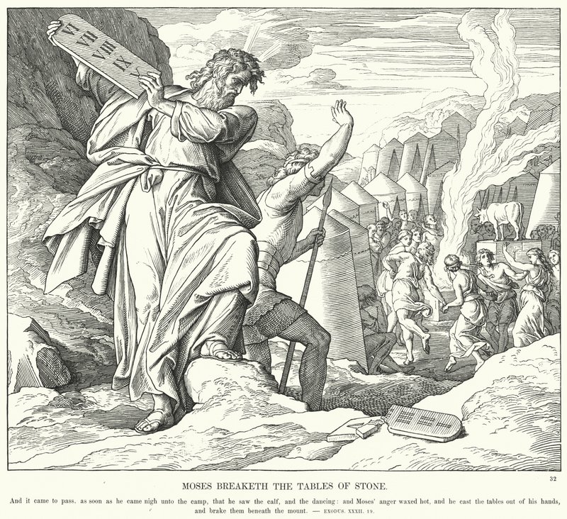 Moses bryder stenbordene (gravering) af Julius (after) Schnorr von Carolsfeld