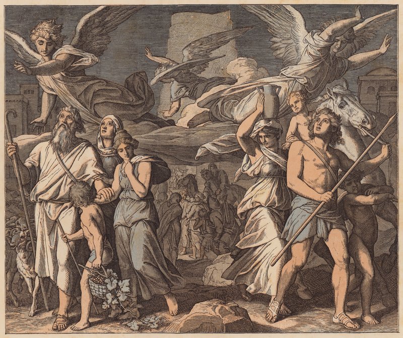 Forvirringen af tunger, Første Mosebog, XI, 7 (koloreret stik) af Julius (after) Schnorr von Carolsfeld