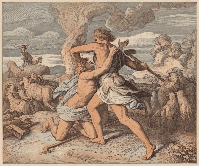 Abels død, Første Mosebog, IV, 8 (koloreret stik) af Julius (after) Schnorr von Carolsfeld