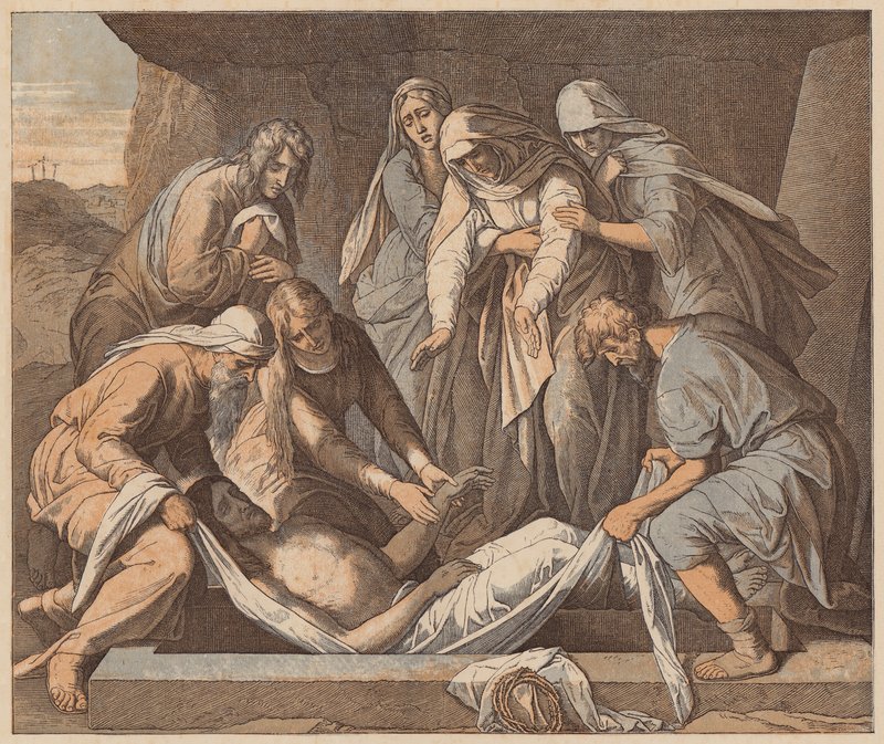 Kristi gravlæggelse, Johannesevangeliet, XIX, 41, 42 (koloreret stik) af Julius (after) Schnorr von Carolsfeld