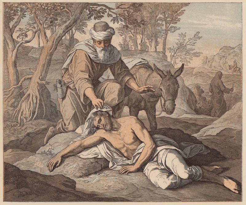 Den barmhjertige samaritaner, Lukas, X, 33, 34 (koloreret kobberstik) af Julius (after) Schnorr von Carolsfeld