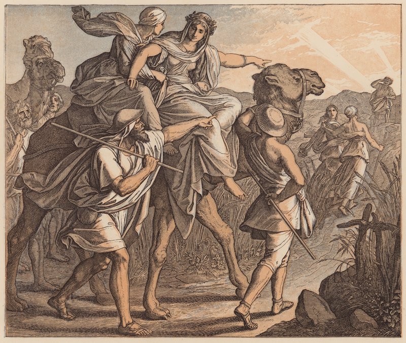 Mødet mellem Isak og Rebekka, 1. Mosebog, XXIV, 64 (koloreret stik) af Julius (after) Schnorr von Carolsfeld