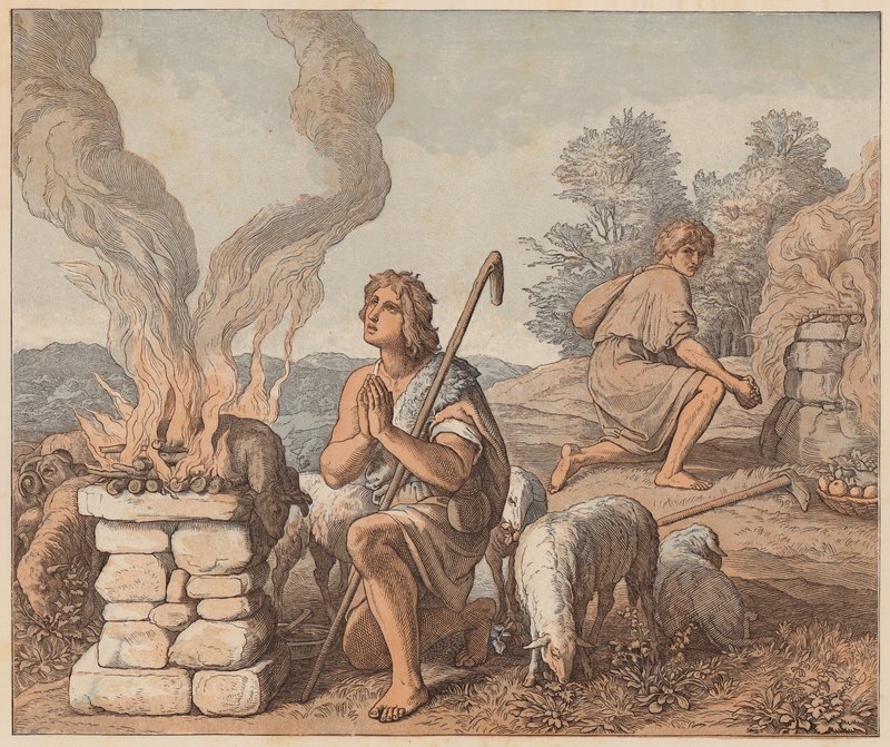 Kains og Abels offergaver, Første Mosebog, IV, 3, 4 (koloreret stik) af Julius (after) Schnorr von Carolsfeld