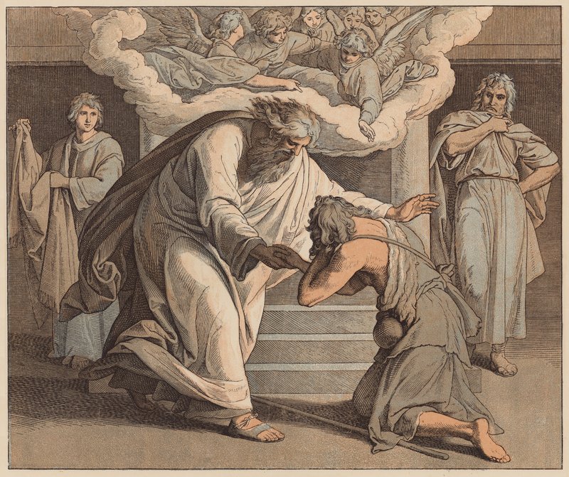 Den fortabte søn, Lukas, XV, 20 (koloreret kobberstik) af Julius (after) Schnorr von Carolsfeld