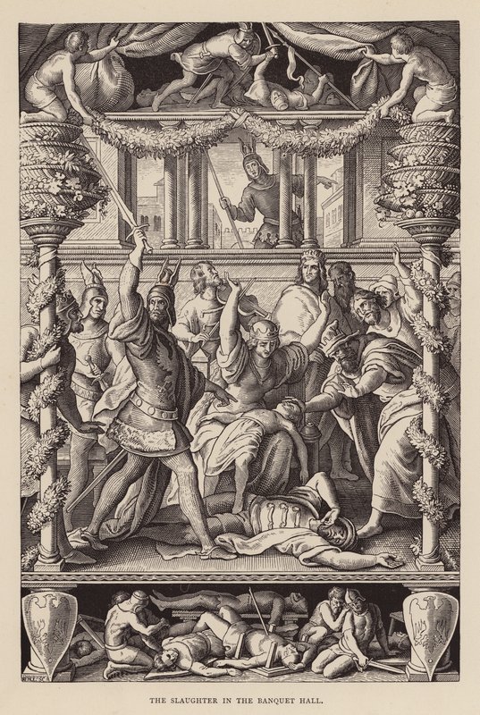 Slagtningen i festsalen (kobberstik) af Julius (after) Schnorr von Carolsfeld