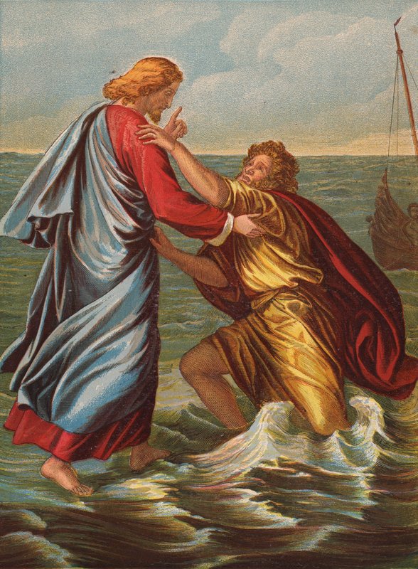 Peter går på havet (farvelitografi) af Julius Schnorr von Carolsfeld