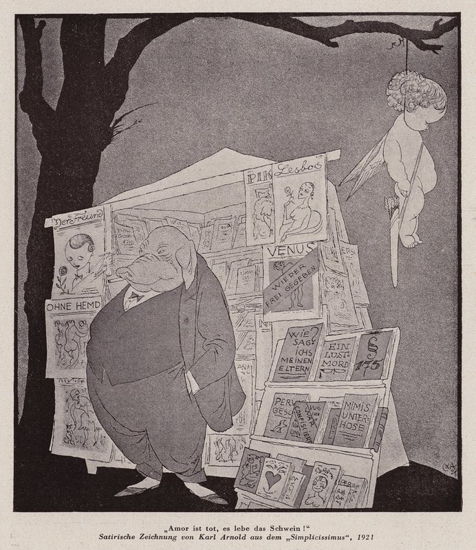Amor hænger i et træ over en gadekiosk, der sælger pornografi (litho) af Karl Arnold