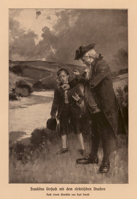 Benjamin Franklin undersøger lyn (litografi) af Karl Storch