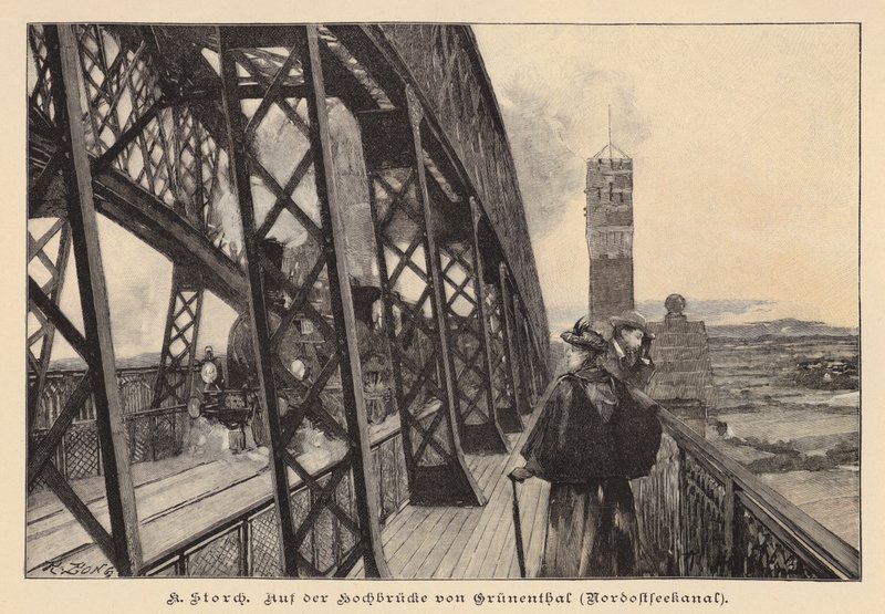 På Grunental-højbroen over Kielerkanalen, Tyskland (kobberstik) af Karl Storch
