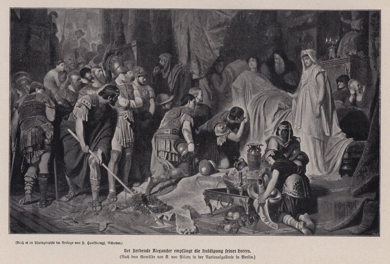 Den døende Alexander den Store modtager hyldest af sin hær, Babylon, 323 f.Kr. (litho) af Karl Theodor von Piloty