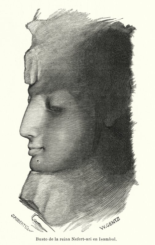 Buste af den gamle egyptiske dronning Nefertari, hustru til Ramesses den Store, Abu Simbel (litho) af Karl Wilhelm Gentz