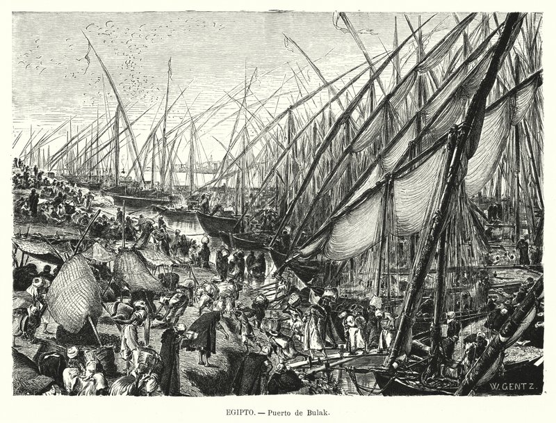 Kajer ved Nilen ved Bulaq, Kairo, Egypten (litho) af Karl Wilhelm Gentz