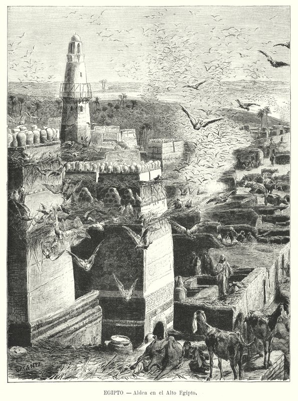 Landsby i Øvre Egypten (litho) af Karl Wilhelm Gentz
