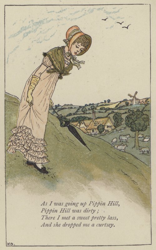 Da jeg skulle op ad Pippin Hill (farve litho) af Kate (after) Greenaway
