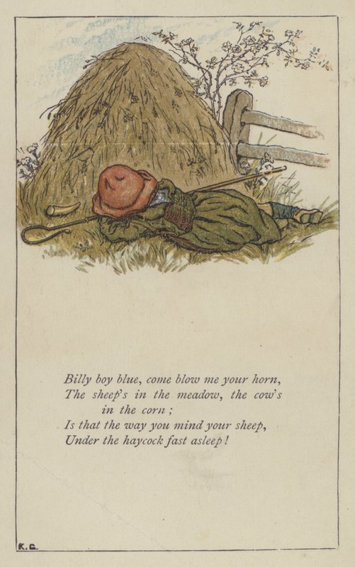 Billy dreng blå, kom blæs mig i dit horn (farve litho) af Kate (after) Greenaway