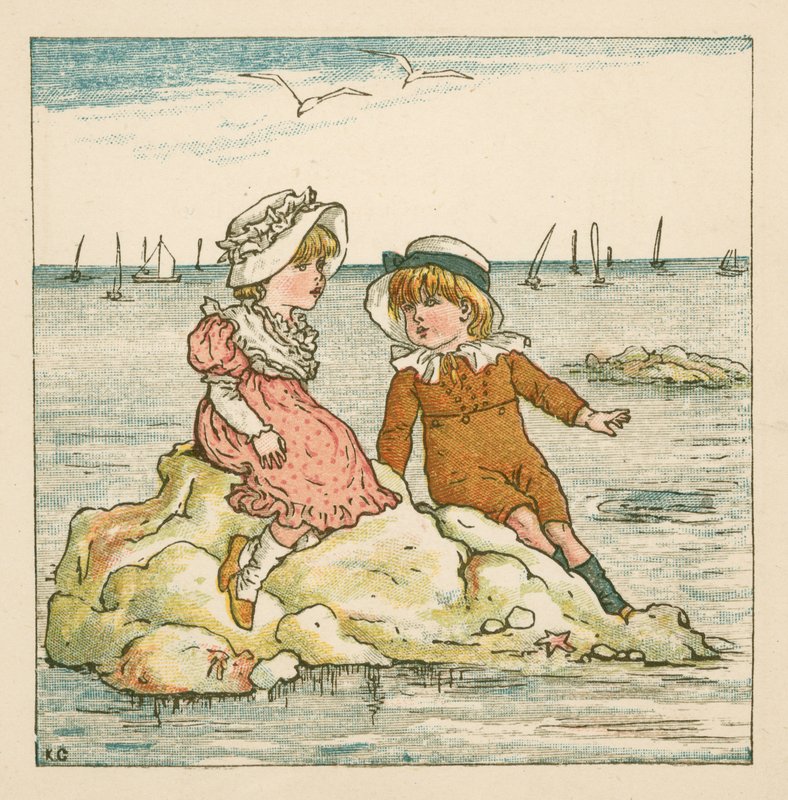 Dreng og pige strandet på en sten (farve litho) af Kate (after) Greenaway