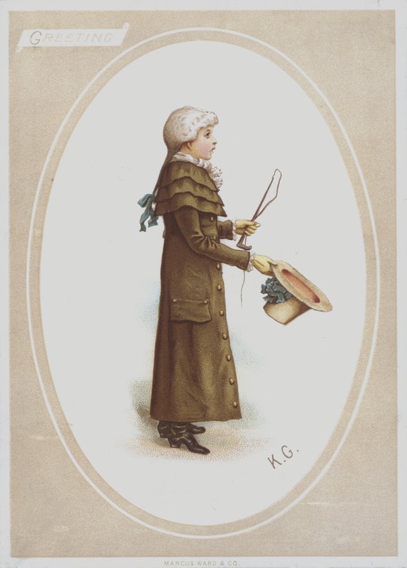 Dreng i lang brun frakke, med paryk og holder hat og jagtpisk (farve litho) af Kate (after) Greenaway