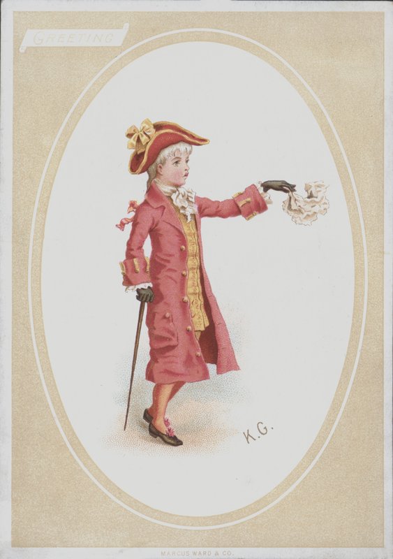 Dreng i rødt jakkesæt, viftende lommetørklæde (farve litho) af Kate (after) Greenaway